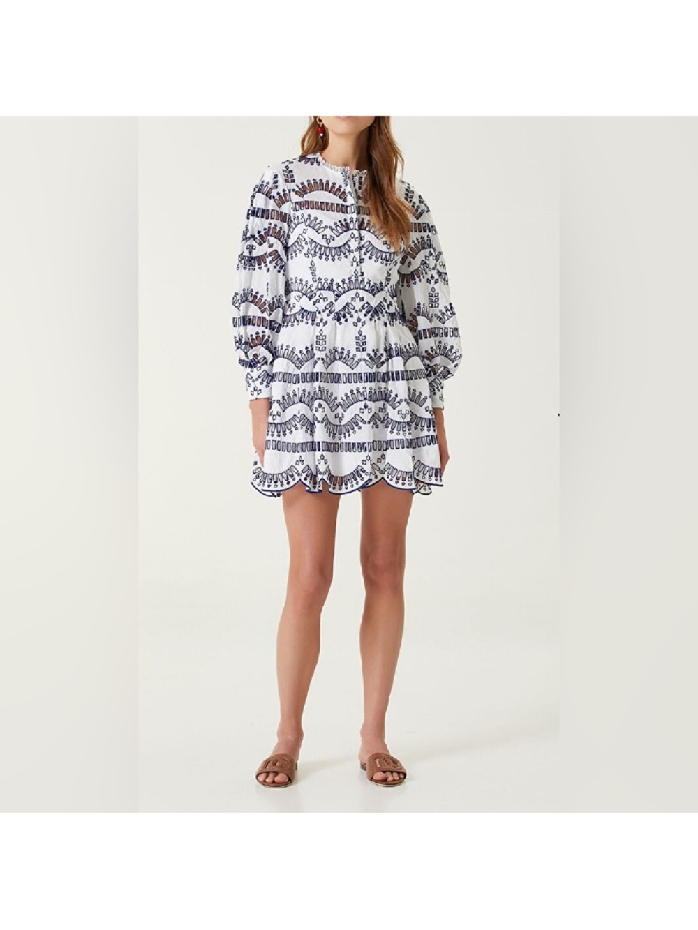 Charo Ruiz White Mini Dress with Navy Embroidery